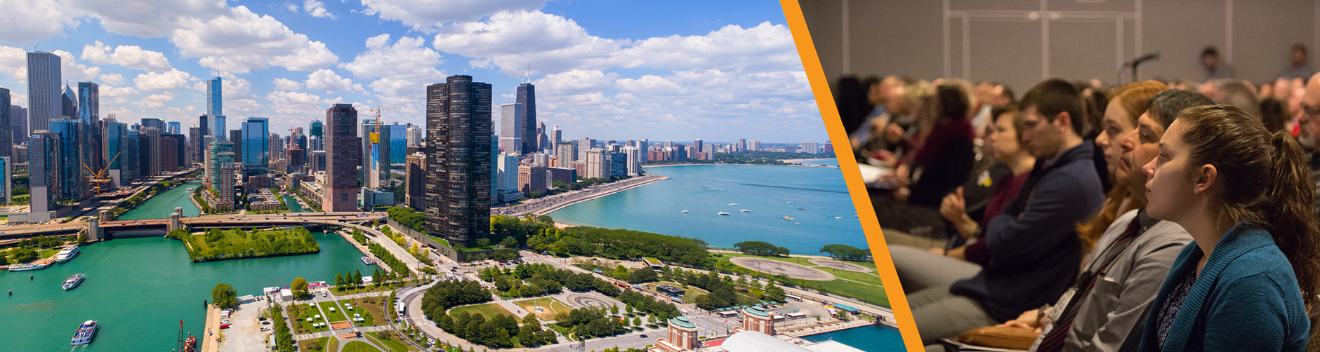 composite image of chicago skyline and meeting attendees