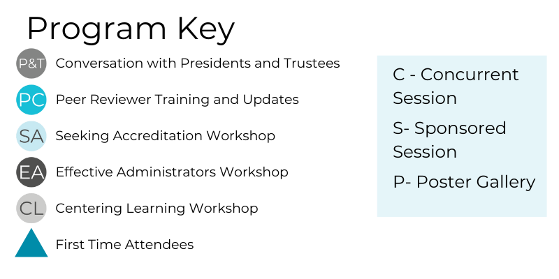 Program Key: Conversation with Presidents and Trustees, Peer Reviewer Training and Updates, Preparing Effective Administrators Workshop, Supporting Student Success Workshop, Seeking Accreditation Workshop, C - Concurrent Session